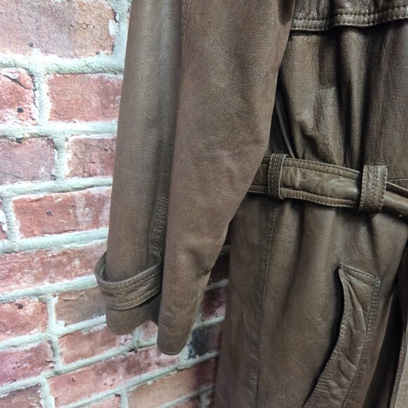 Pelle Cuir Leather Coat M | Vintage 80s Brown Double Breasted Trench - Picture 7 of 9